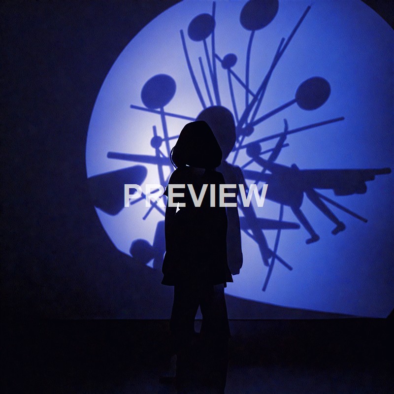 A silhouette of a person standing in front of a large, abstract blue projection featuring various geometric shapes and lines, creating a striking contrast between the figure and the background.